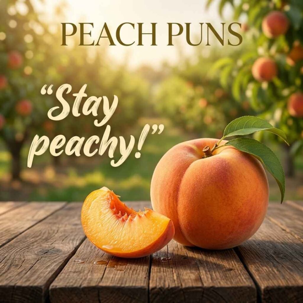 Short peach puns featuring a sliced and whole peach on a rustic table, natural golden-hour lighting, and the cheerful “Stay peachy!” saying.