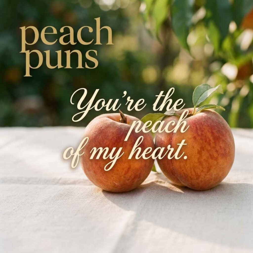 Sweet peach puns love image featuring two ripe peaches in warm natural sunlight with the heartfelt saying “You’re the peach of my heart.”