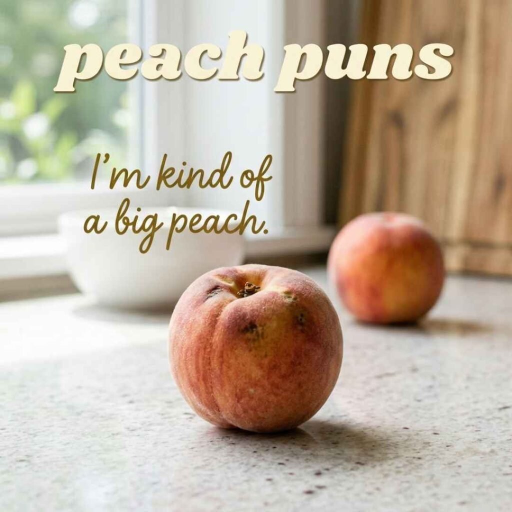 Funny peach puns image featuring fresh peaches on a clean kitchen counter with a playful “I’m kind of a big peach” quote.