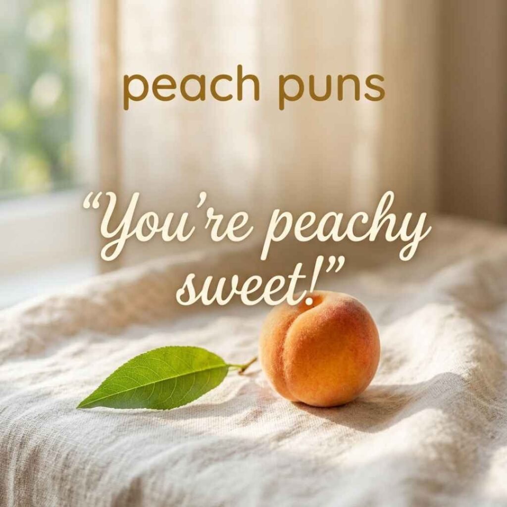 Cute peach puns featuring a fresh peach on soft linen with a green leaf, gentle morning light, and the sweet saying “You’re peachy sweet!”