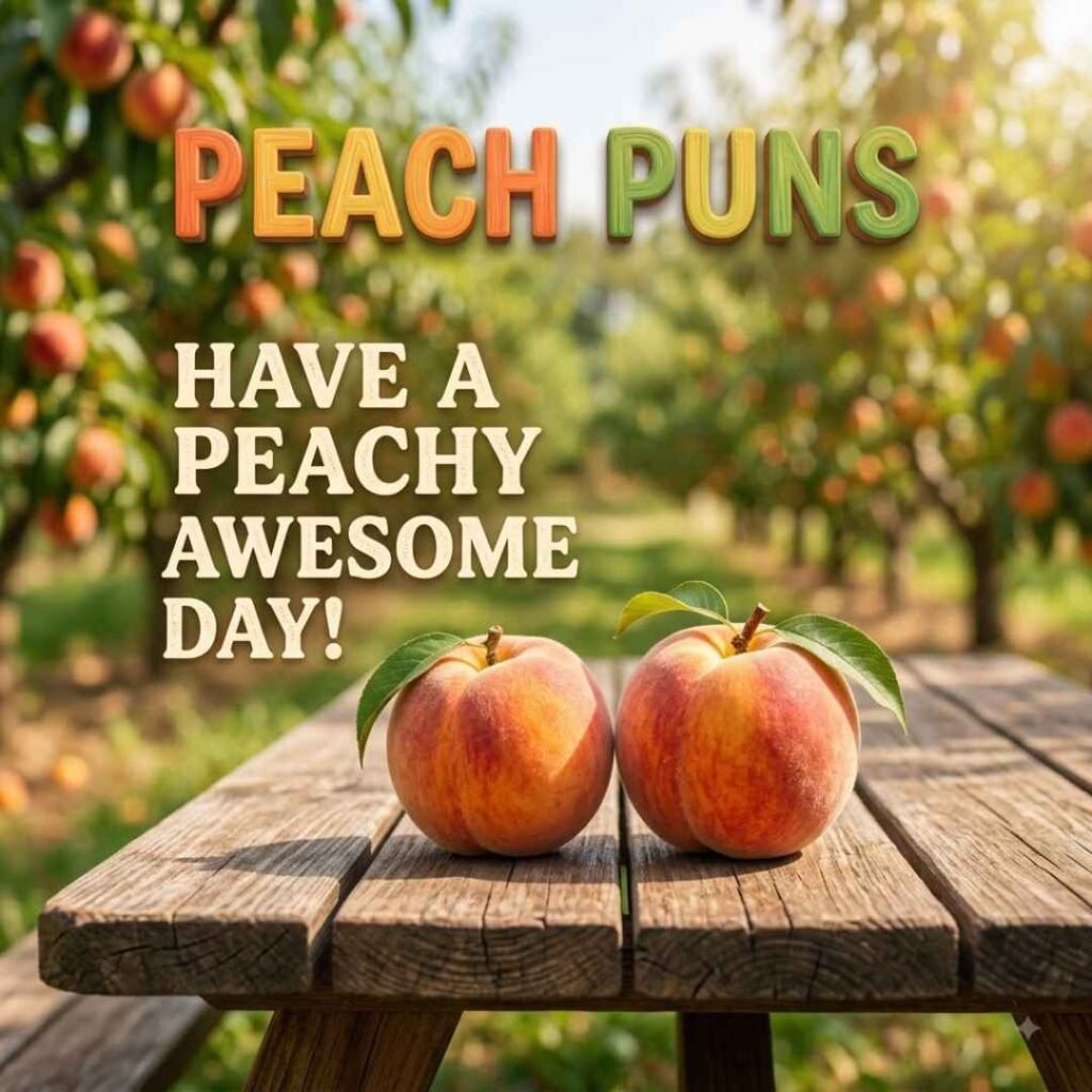 Kid-friendly peach puns featuring fresh peaches on an outdoor picnic table with a sunny orchard background and the cheerful “Have a peachy awesome day!” message.