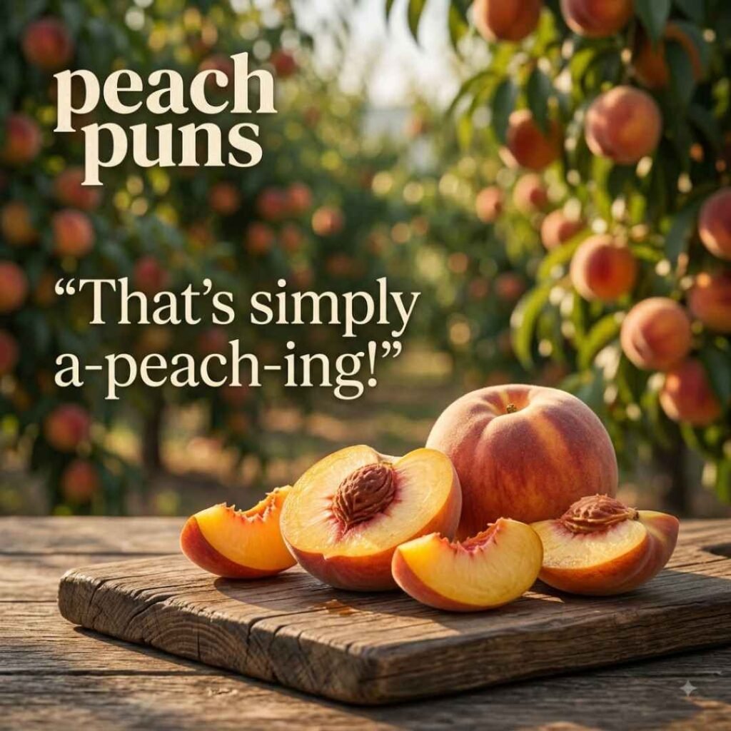Classic peach puns featuring whole and sliced peaches on a rustic wooden board with natural orchard scenery and the pun “That’s simply a-peach-ing!”