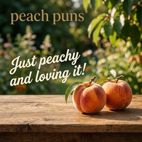 Funny peach puns caption image showing two ripe peaches in a natural summer garden setting with the phrase “Just peachy and loving it!”