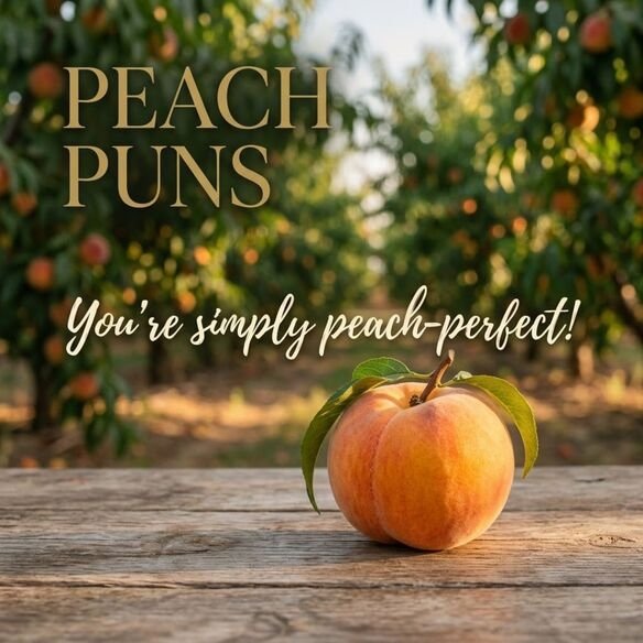 Peach puns one-liner image featuring a fresh ripe peach in a sunlit orchard setting with the playful saying “You’re simply peach-perfect!” in elegant typography.