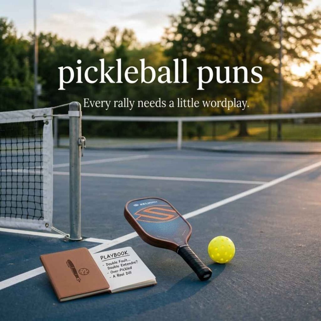 Pickleball puns playbook featuring a paddle, pickleball, notebook, and the message “Every rally needs a little wordplay.”