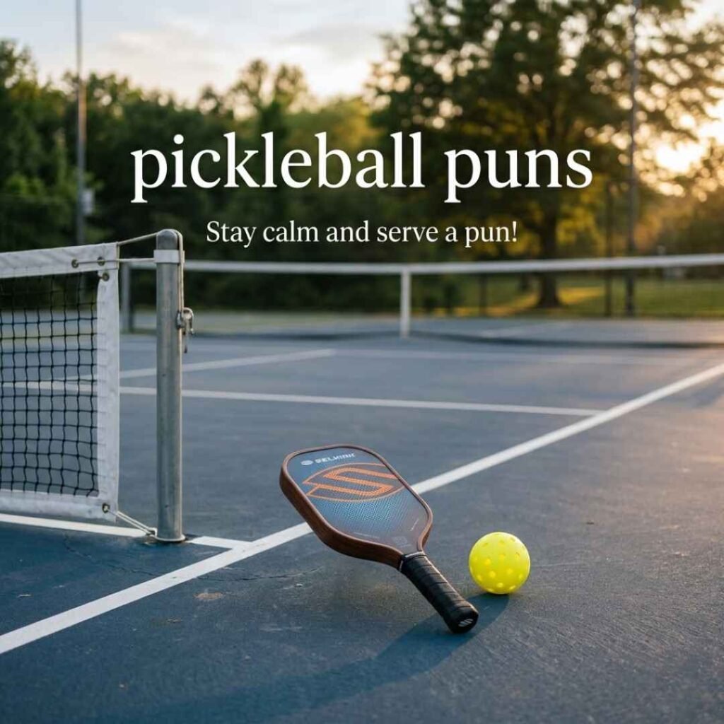 Pickleball puns one liners with a paddle and pickleball on a realistic outdoor court, featuring the saying “Stay calm and serve a pun.”