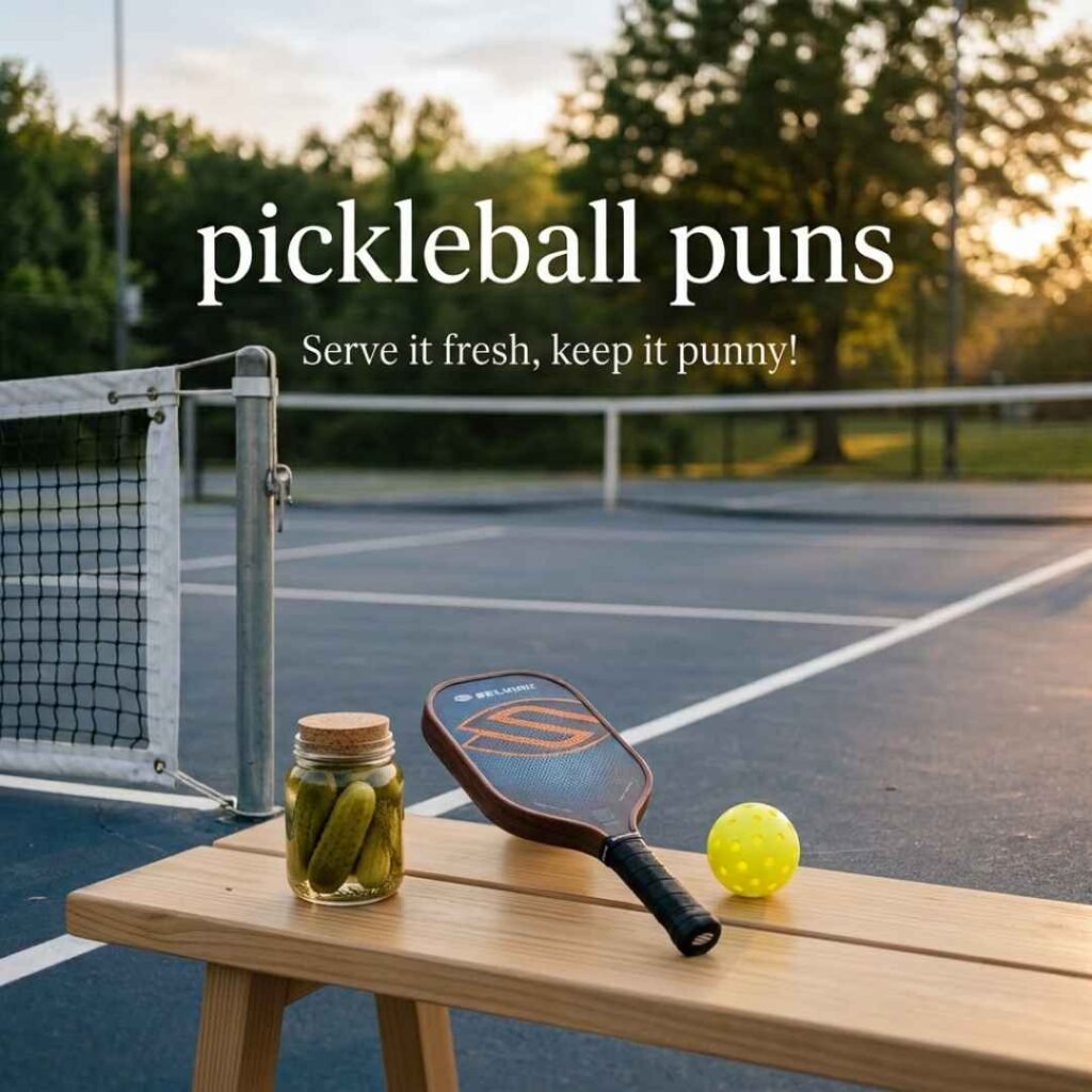 Pickleball puns with a paddle, pickleball, and jar of gherkins on a realistic court-side bench, featuring a playful serving message.