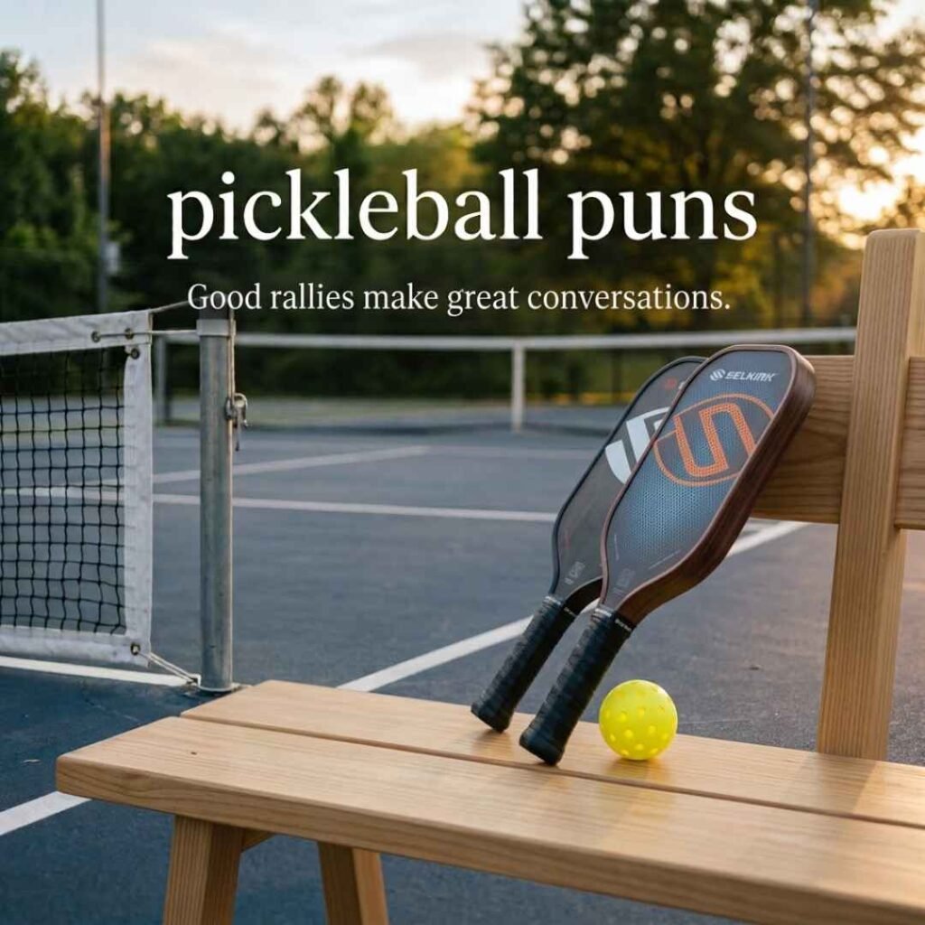 Pickleball puns court-side scene with two paddles and a yellow pickleball, featuring the message “Good rallies make great conversations.”