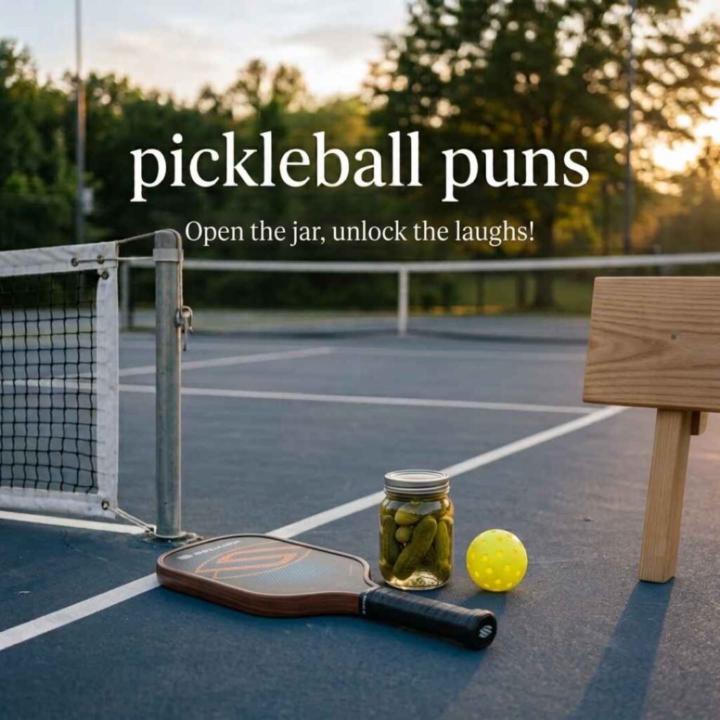 Pickleball puns with a pickle jar, paddle, and yellow pickleball on a realistic outdoor court, highlighting playful pickleball humor.