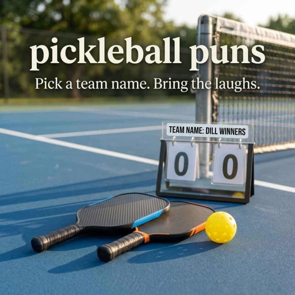 Pickleball puns team names displayed with paddles, a yellow pickleball, and a realistic scoreboard showing “Dill Winners.”