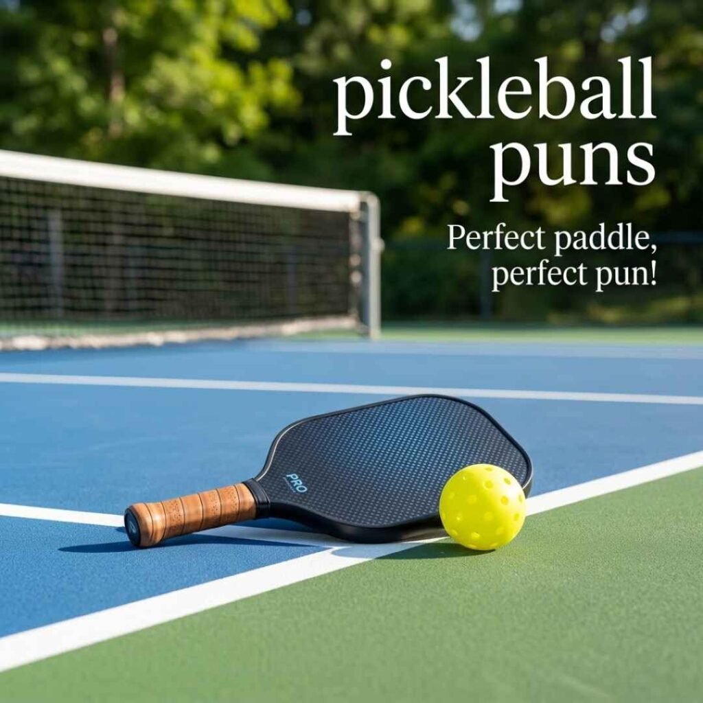 Paddle perfect pickleball puns featuring a modern paddle and yellow pickleball on a realistic professional court.