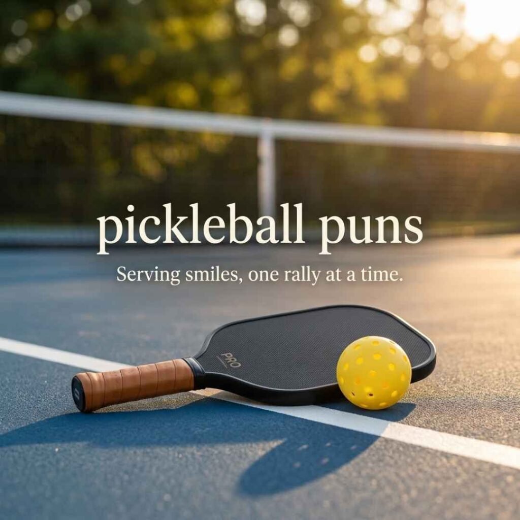 Pickleball puns captions featuring a paddle and yellow pickleball on a realistic court with the message “Serving smiles, one rally at a time.”