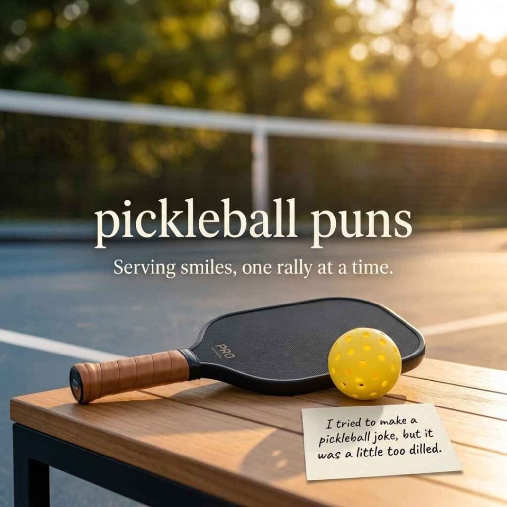Pickleball puns dad joke image with a paddle, yellow pickleball, and court-side score card featuring a playful pickleball joke.