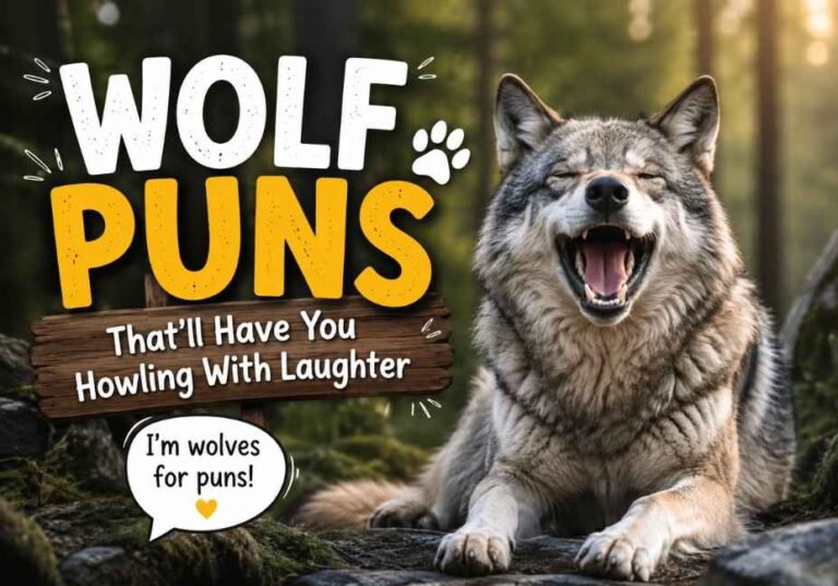 Realistic gray wolf in a forest with bold Wolf Puns typography, a wooden sign saying “That’ll Have You Howling With Laughter,” and a playful speech bubble for a funny wolf-themed blog image.