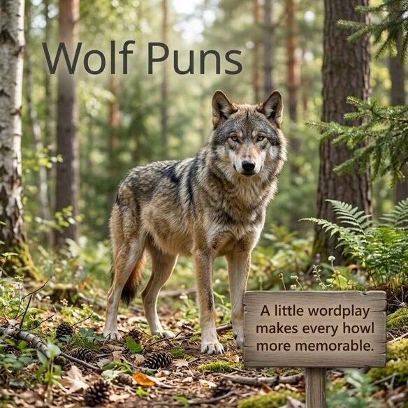 Gray wolf in a natural forest clearing featuring Wolf Puns and a short wordplay message inspired by wolves and wildlife trivia.