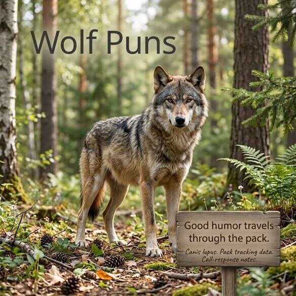 Realistic gray wolf beside a wildlife research board featuring Wolf Puns and a clever message about humor spreading through the pack.