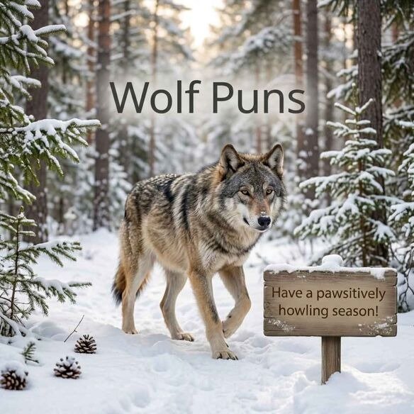 Gray wolf walking through a snowy pine forest with Wolf Puns and a cheerful seasonal howling message.