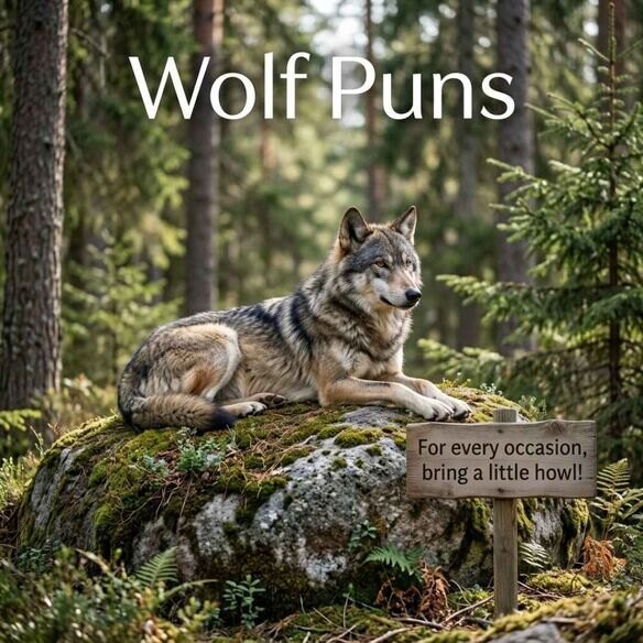 Majestic gray wolf resting in an evergreen forest with Wolf Puns and a versatile saying about adding a little howl to every occasion.