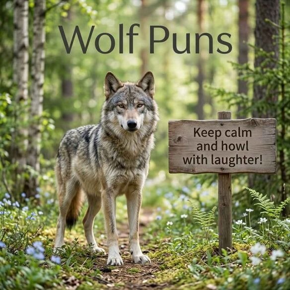 Gentle gray wolf on a forest trail featuring Wolf Puns and a clean family-friendly message about howling with laughter.