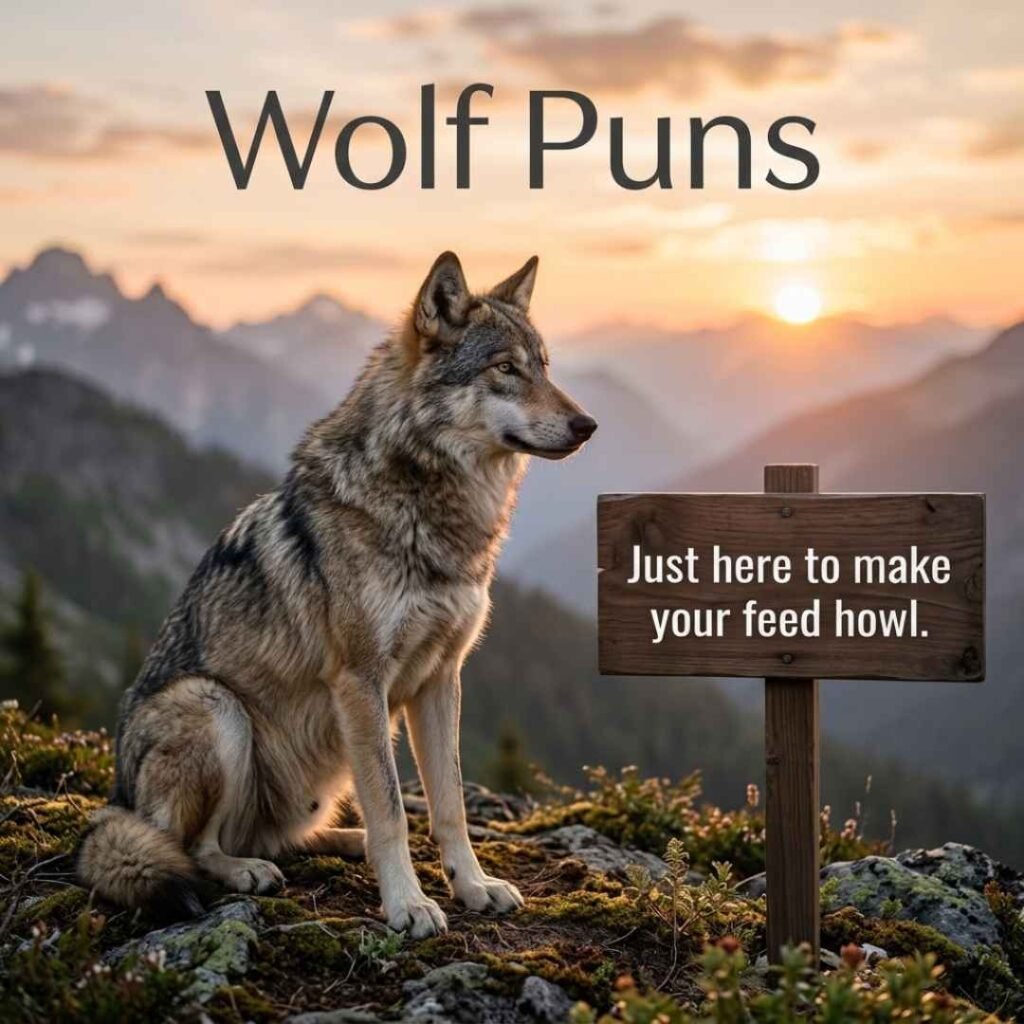 Realistic gray wolf at sunset with Wolf Puns and a witty social media saying about making your feed howl.