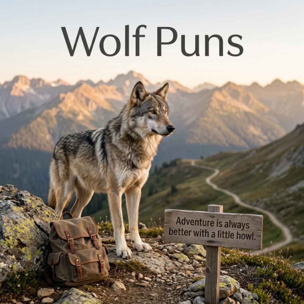 Gray wolf overlooking scenic mountains with Wolf Puns and a travel saying about adventure and howling.