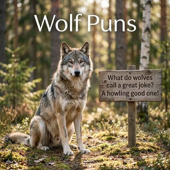 Realistic gray wolf in a woodland setting with Wolf Puns and a funny family-friendly wolf dad joke on a wooden sign.