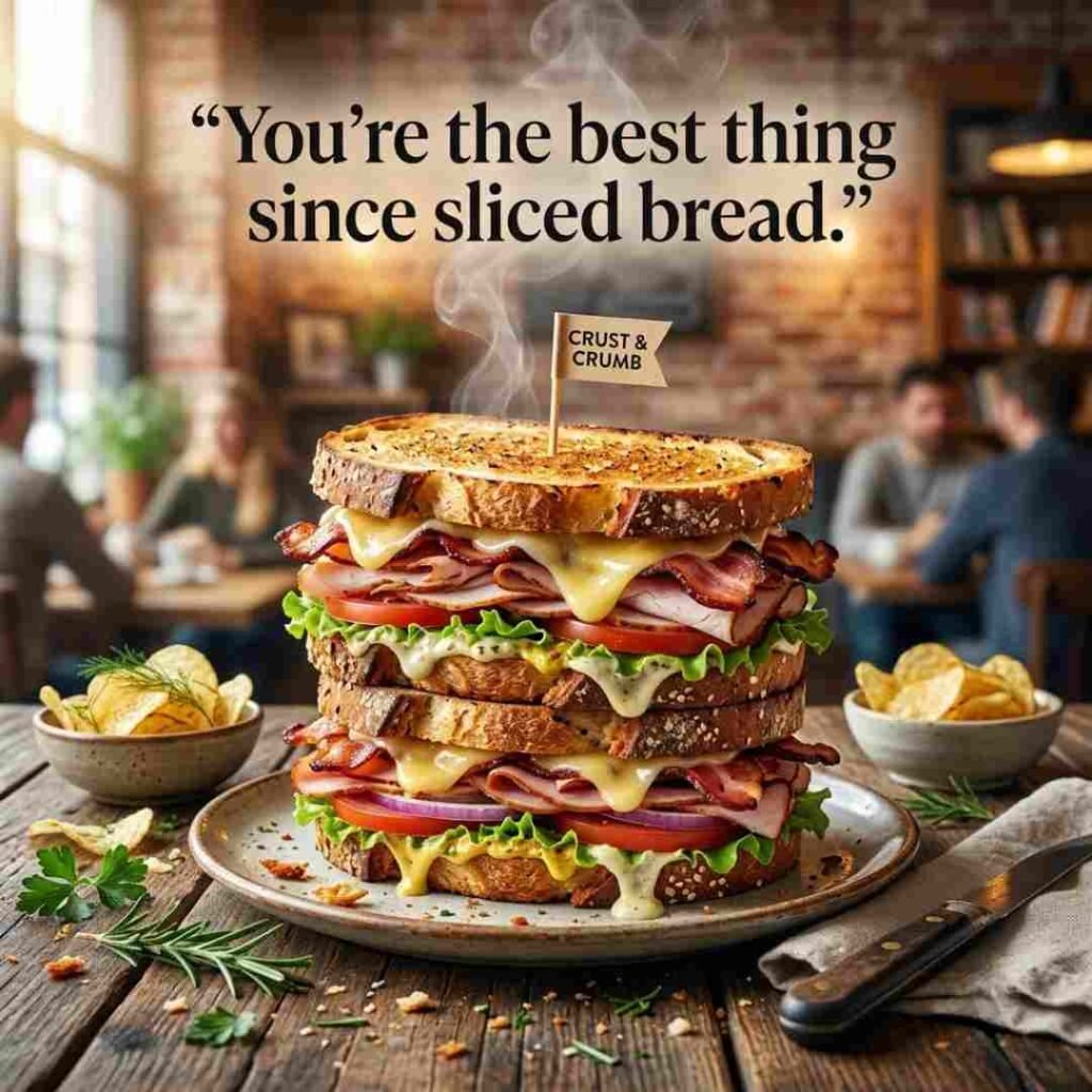 Funny sandwich puns image featuring a realistic gourmet sandwich with toasted bread, fresh vegetables, melted cheese, and premium café styling with the quote "You're the best thing since sliced bread."