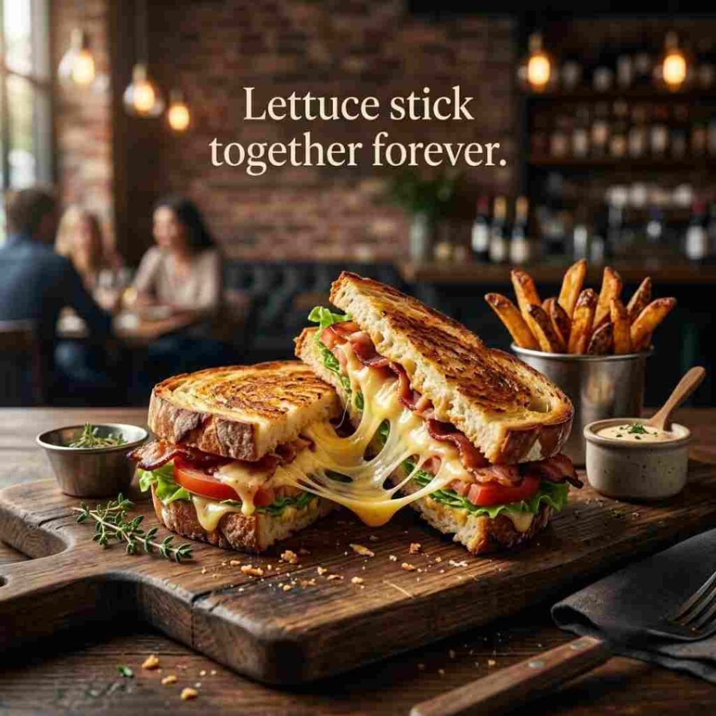 Realistic sandwich puns one-liner image showing a grilled cheese sandwich with melted cheese, fries, warm lighting, and the message "Lettuce stick together forever."