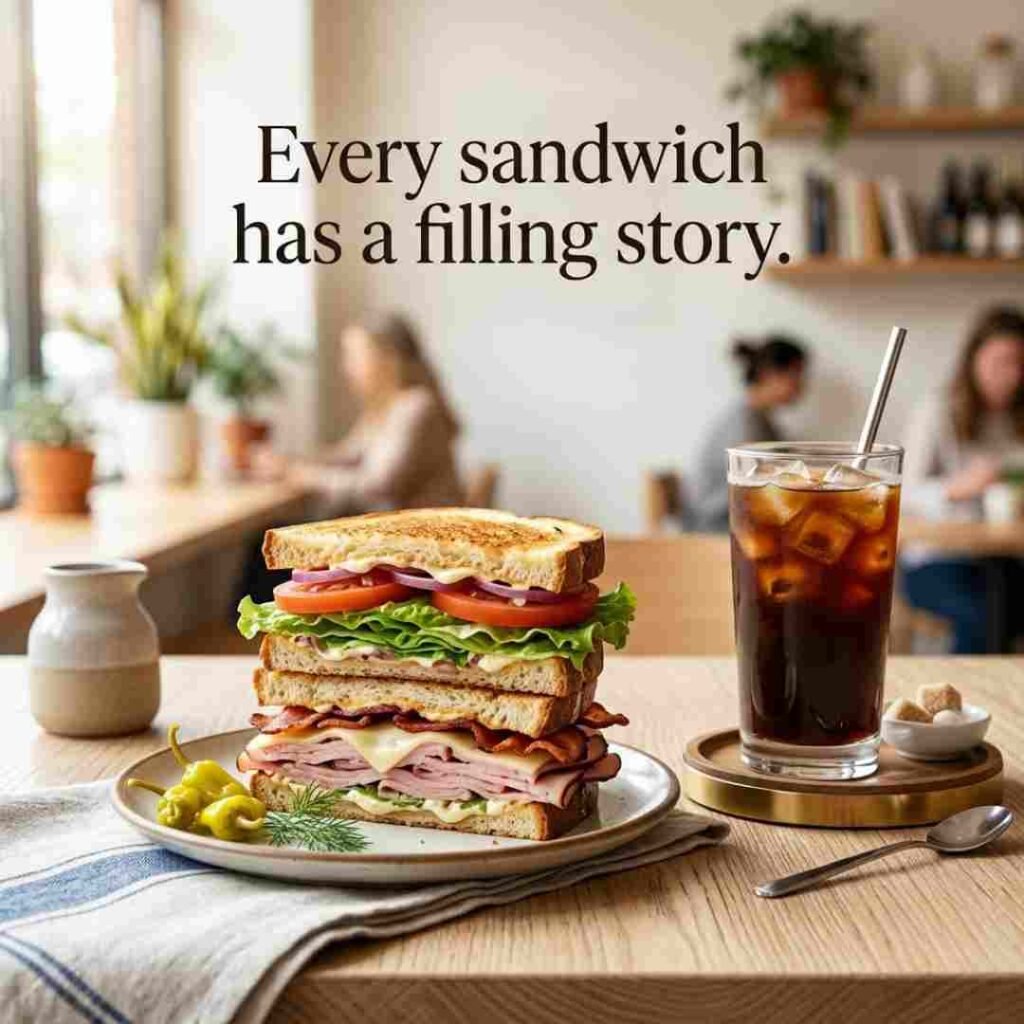 Funny sandwich puns caption image featuring a realistic deli sandwich, iced coffee, modern café setting, and the quote "Every sandwich has a filling story."
