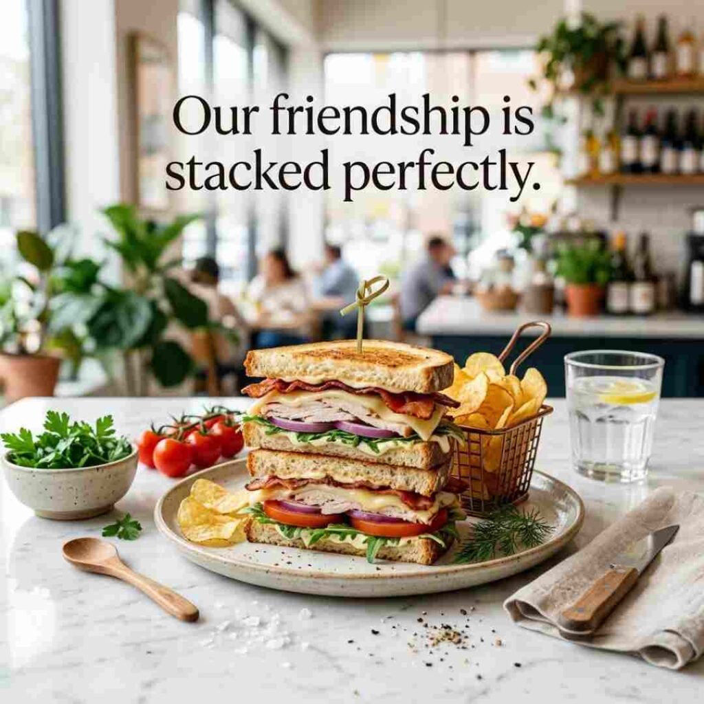Clever sandwich puns Instagram image with a realistic artisan sandwich, fresh ingredients, marble table styling, and the quote "Our friendship is stacked perfectly."