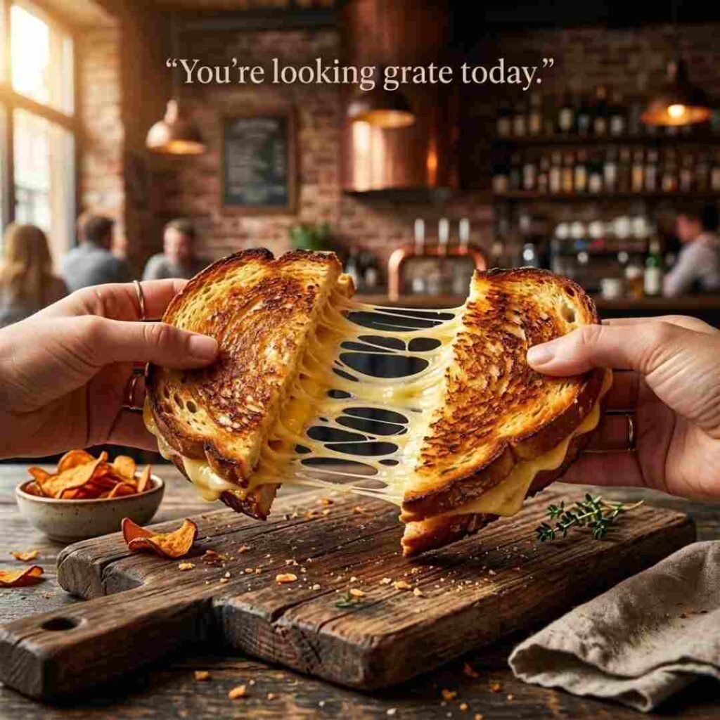 Cheesy sandwich puns image showing a realistic grilled cheese sandwich with melted cheese pull and the playful quote "You're looking grate today."