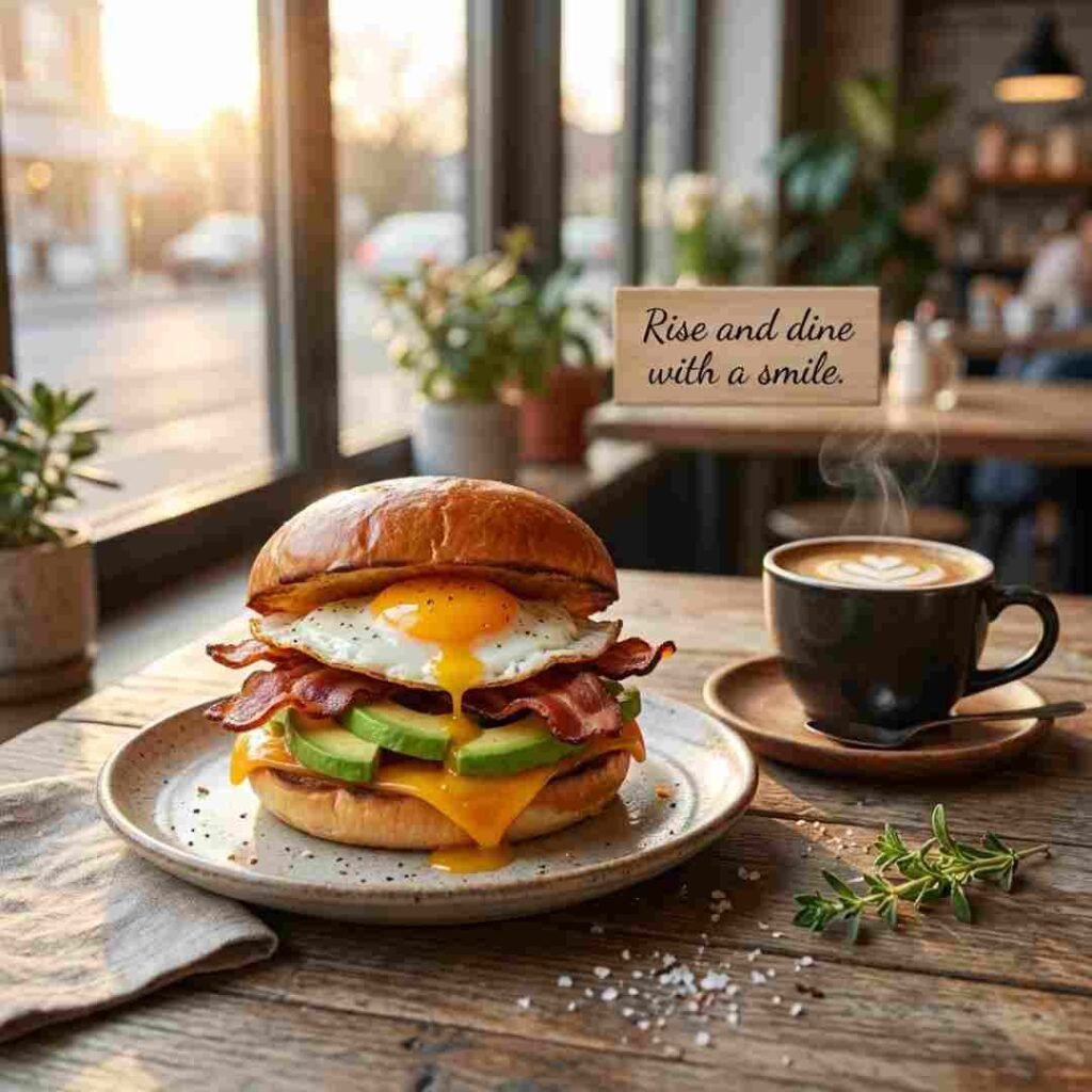Breakfast sandwich puns image featuring a realistic egg and bacon breakfast sandwich, fresh coffee, sunrise lighting, and the message "Rise and dine with a smile."