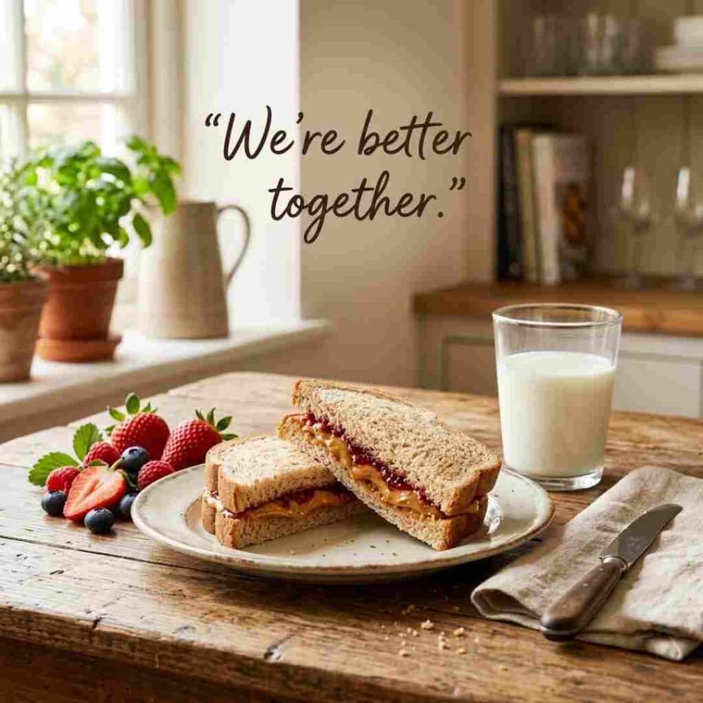 Peanut butter and jelly sandwich puns image showing realistic PB&J sandwiches with fresh berries, milk, farmhouse styling, and the quote "We're better together."