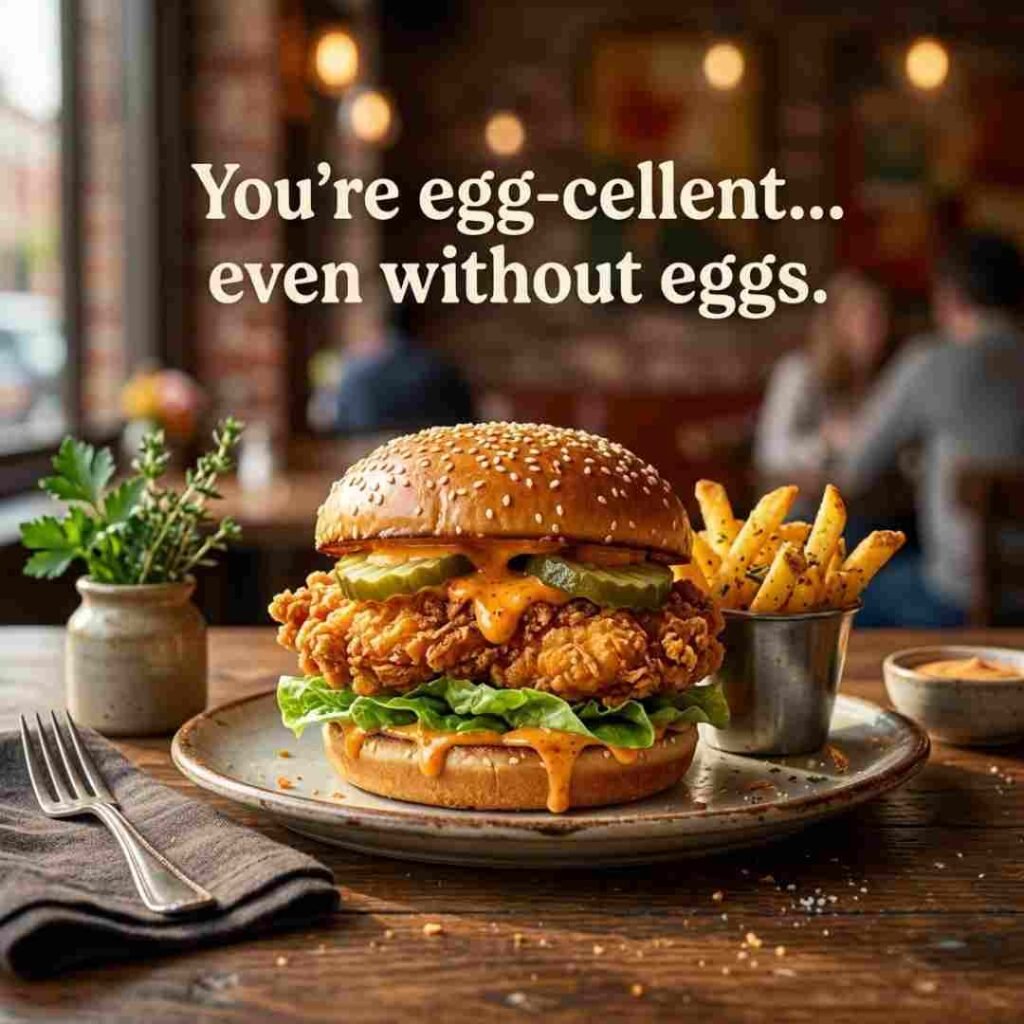 Chicken sandwich puns image featuring a realistic crispy chicken sandwich with fries, premium restaurant photography, and the quote "You're egg-cellent... even without eggs."
