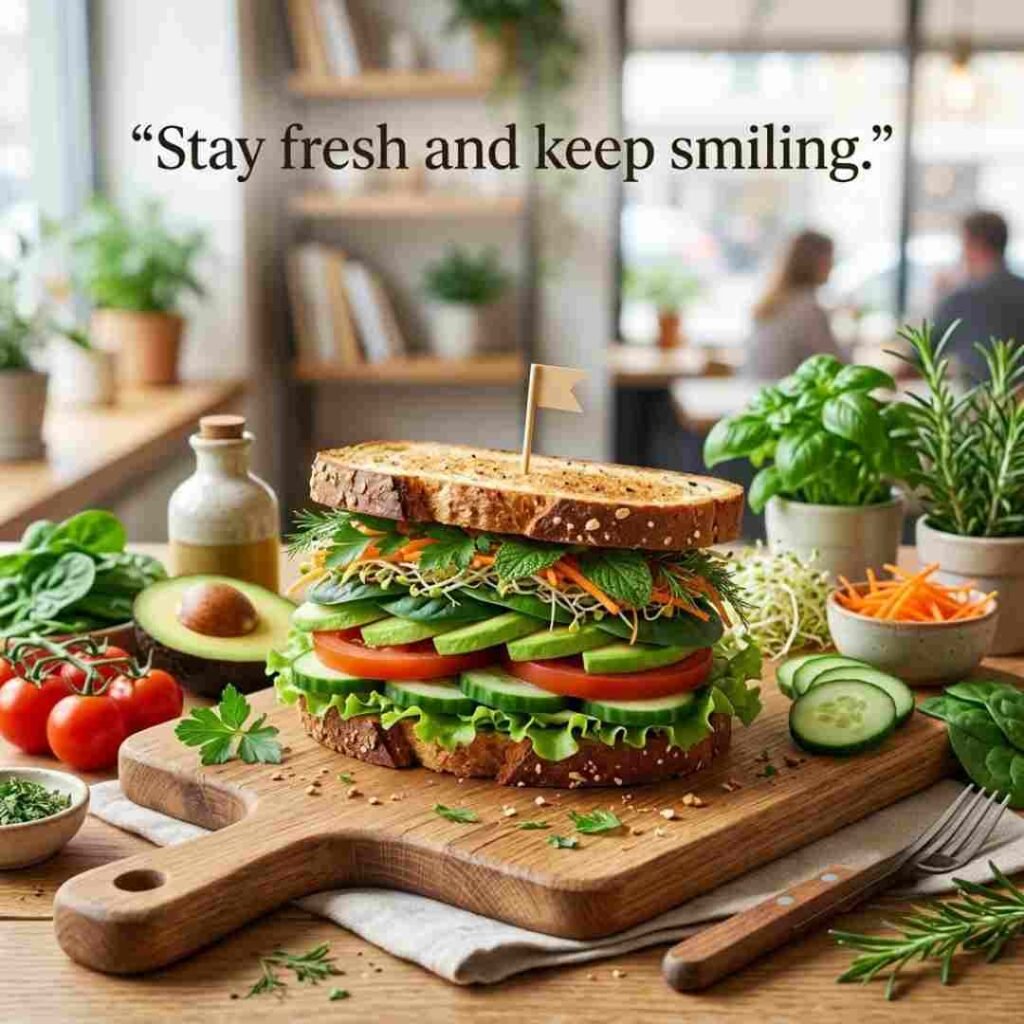 Veggie sandwich puns image featuring a realistic vegetable sandwich with fresh greens, colorful vegetables, healthy café styling, and the message "Stay fresh and keep smiling."