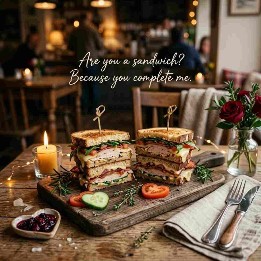 Romantic sandwich puns image featuring two realistic gourmet sandwiches in a cozy café setting with the pickup line "Are you a sandwich? Because you complete me."