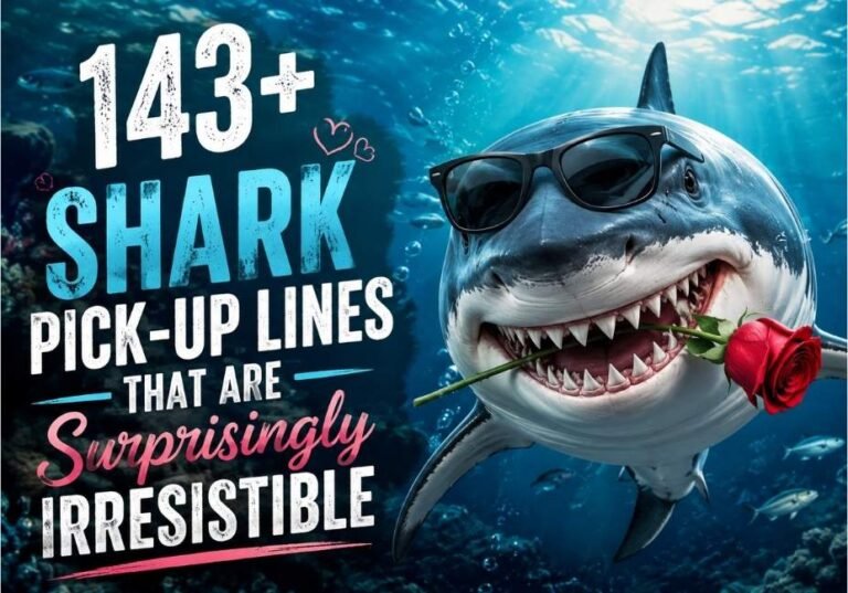 143+ Shark Pick-Up Lines That Are Surprisingly Irresistible featured image showing a realistic smiling shark underwater holding a red rose, representing funny, flirty, and romantic shark pick-up lines