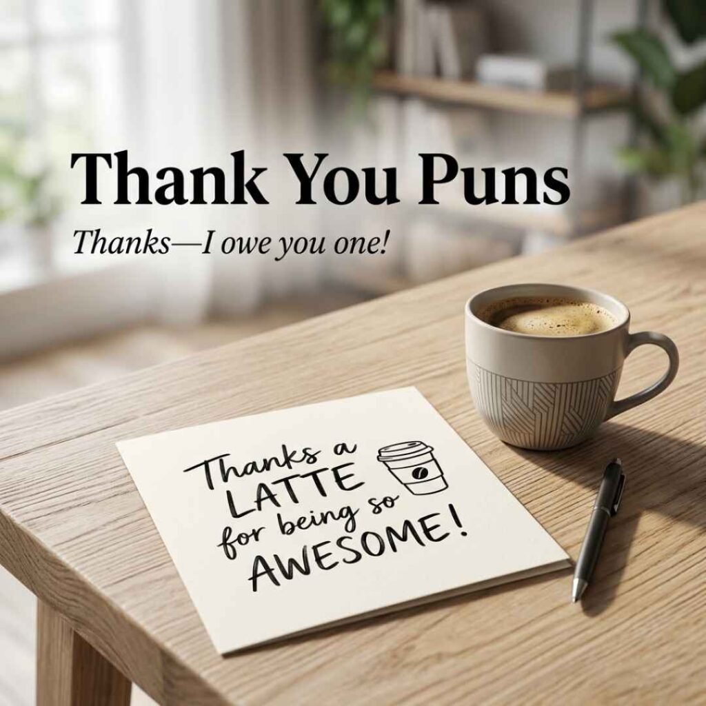 Funny Thank You Puns with a stylish thank-you note, coffee cup, and the sassy message “Thanks—I owe you one!” on a modern desk.
