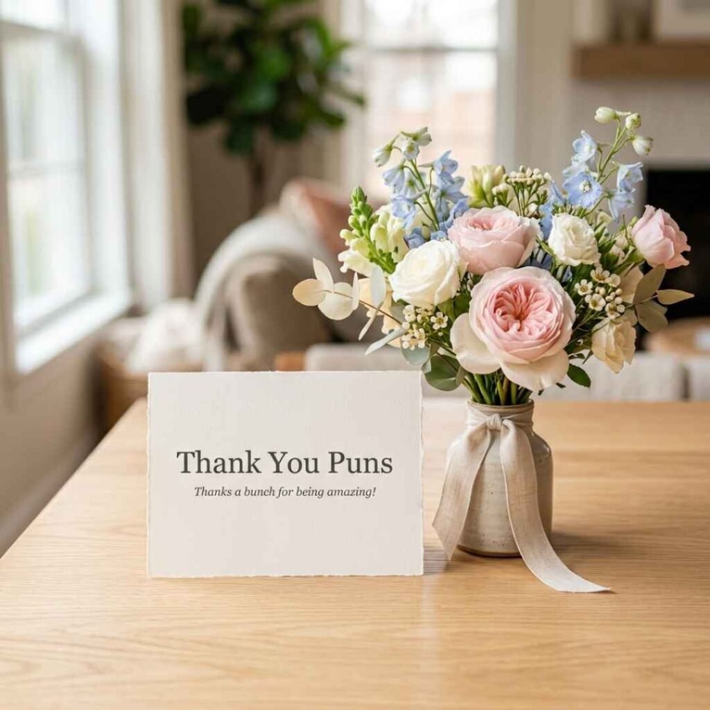 Thank You Puns for every mood featuring a realistic thank-you card, fresh pastel flowers, and the cheerful message “Thanks a bunch for being amazing.”