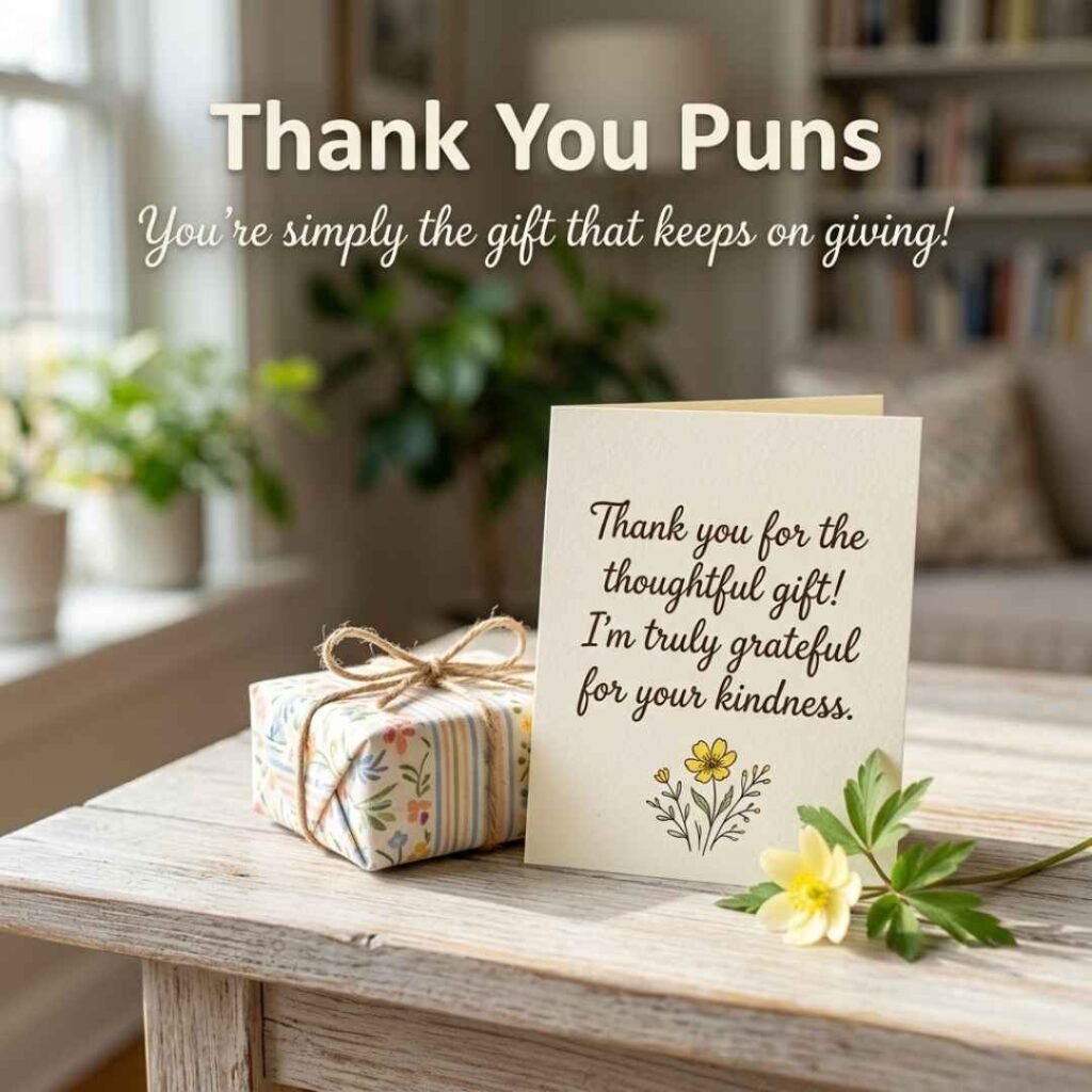Playful Thank You Puns featuring a realistic thank-you card, yellow flower, small gift, and the message “You’re simply the gift that keeps on giving!”
