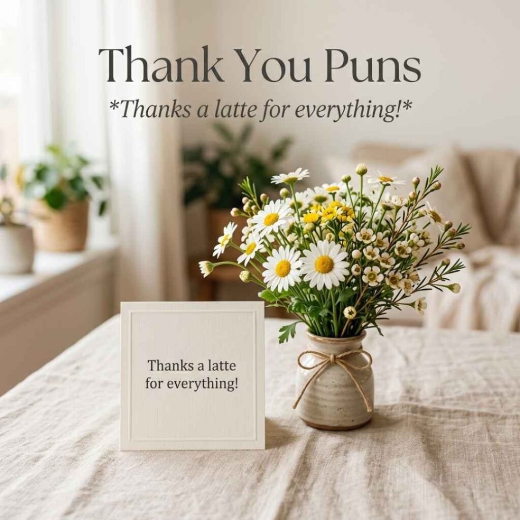 Cute Thank You Puns featuring a realistic thank-you card, white daisies, and the adorable message “Thanks a latte for everything!”