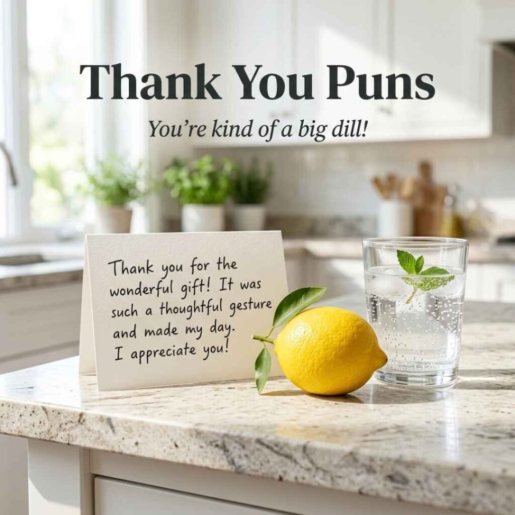 Lighthearted Thank You Puns featuring a realistic thank-you card, lemon, sparkling water, and the playful message “You’re kind of a big dill!”