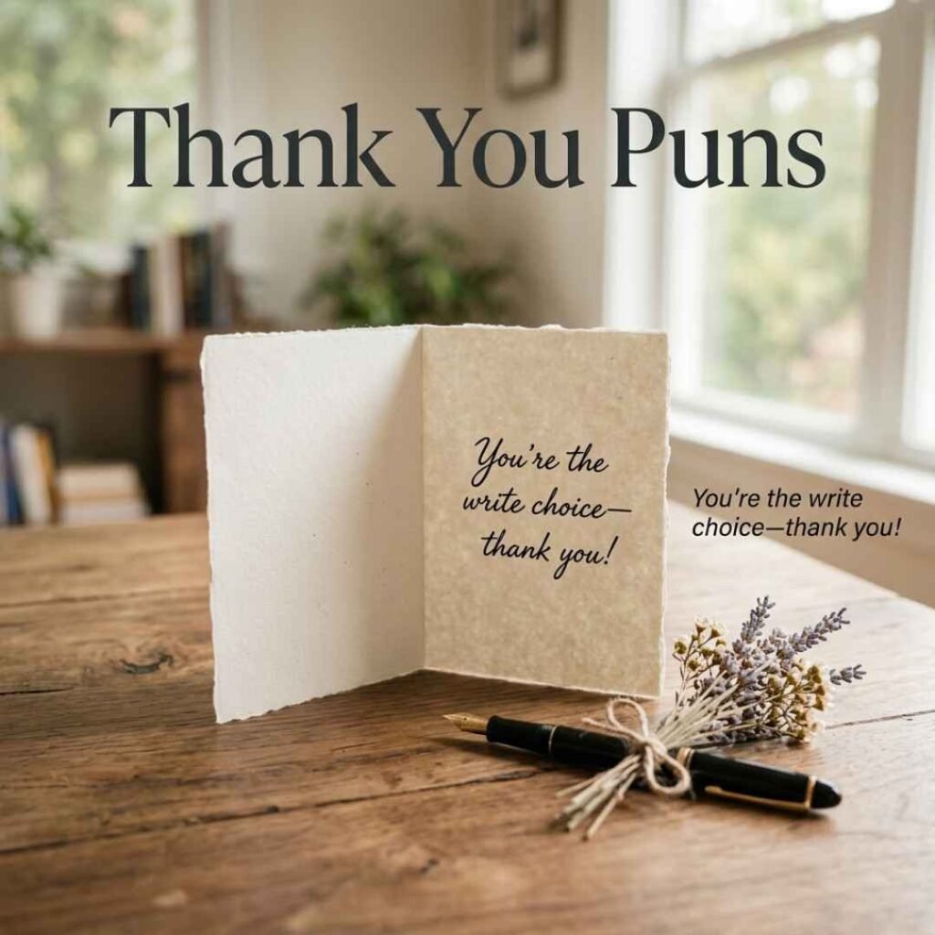 Thank You Puns for cards featuring a realistic handmade thank-you card, fountain pen, dried flower, and the message “You’re the write choice—thank you!”