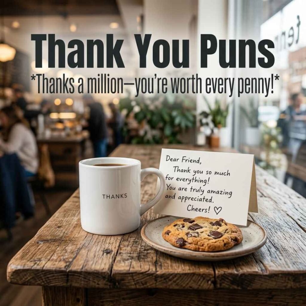 Funny Thank You Puns featuring a realistic coffee mug, thank-you card, cookie, and the humorous quote “Thanks a million—you’re worth every penny!”