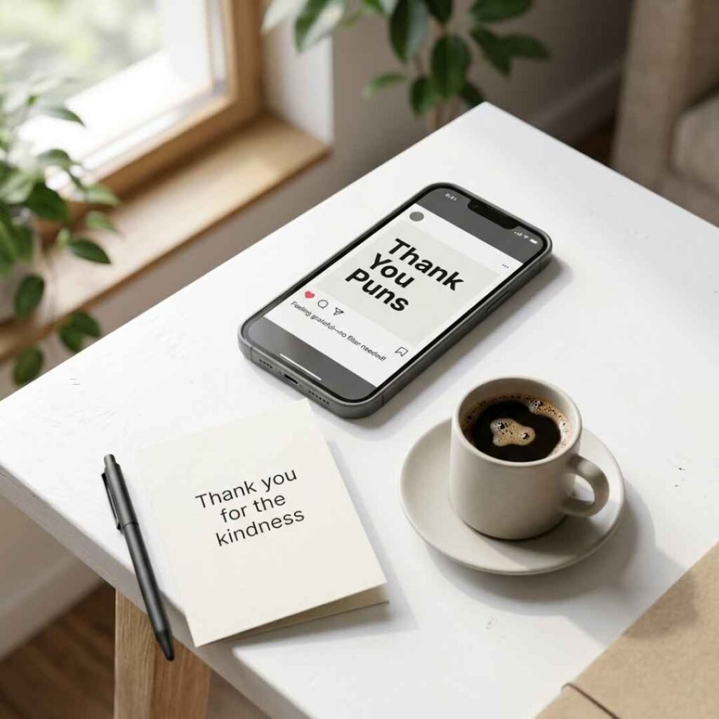 Witty Thank You Puns for social media featuring a realistic smartphone, thank-you card, coffee, and the caption “Feeling grateful—no filter needed!”