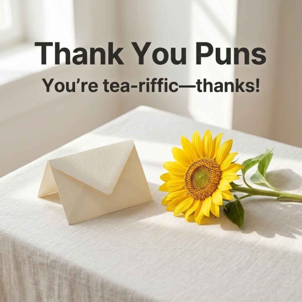 Short funny Thank You Puns featuring a realistic thank-you note, sunflower, and the playful saying “You’re tea-riffic—thanks!”