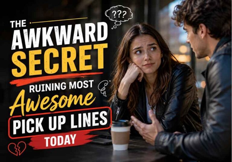 The Awkward Secret Ruining Most Awesome Pick Up Lines Today featured image showing two people having an awkward conversation at a cozy café, with bold text reading “Awesome Pick Up Lines” and expressive visual elements.