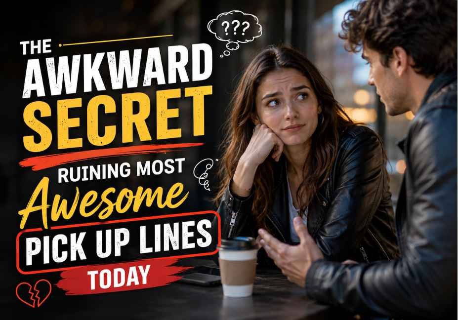 The Awkward Secret Ruining Most Awesome Pick Up Lines Today featured image showing two people having an awkward conversation at a cozy café, with bold text reading “Awesome Pick Up Lines” and expressive visual elements.