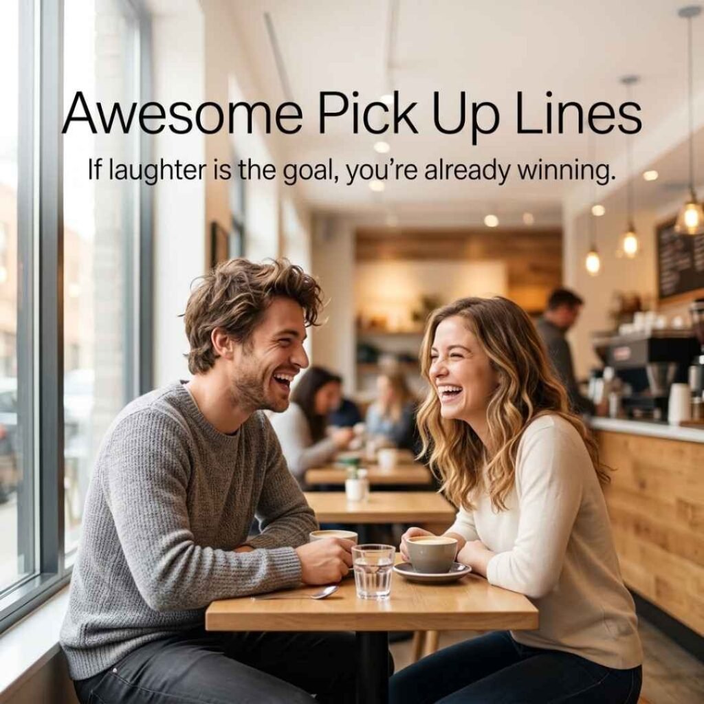 Natural coffee shop photo of two people laughing together with Awesome Pick Up Lines and a playful message about making someone laugh.