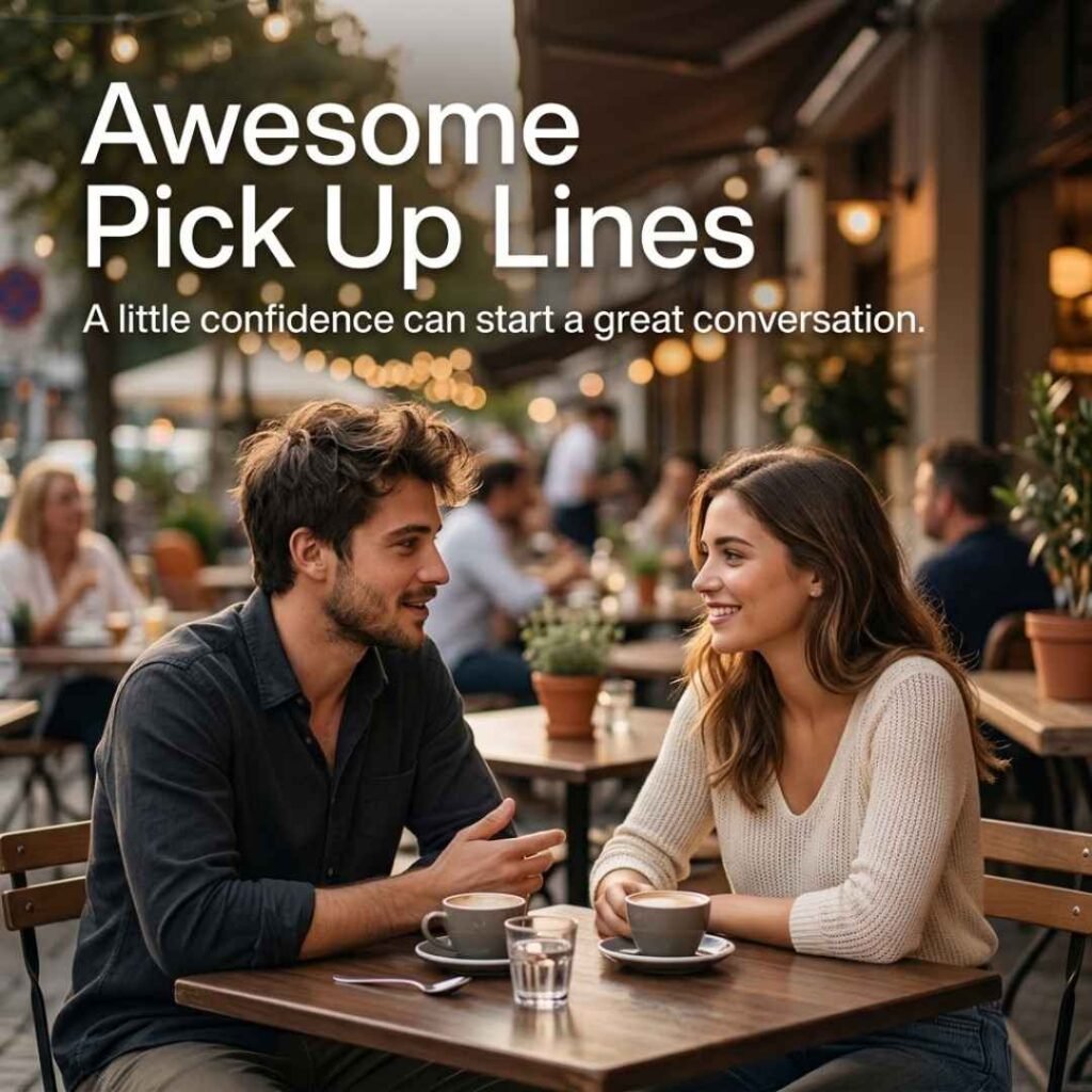 Realistic café scene featuring two people having a friendly conversation with Awesome Pick Up Lines text and a confident flirting message.